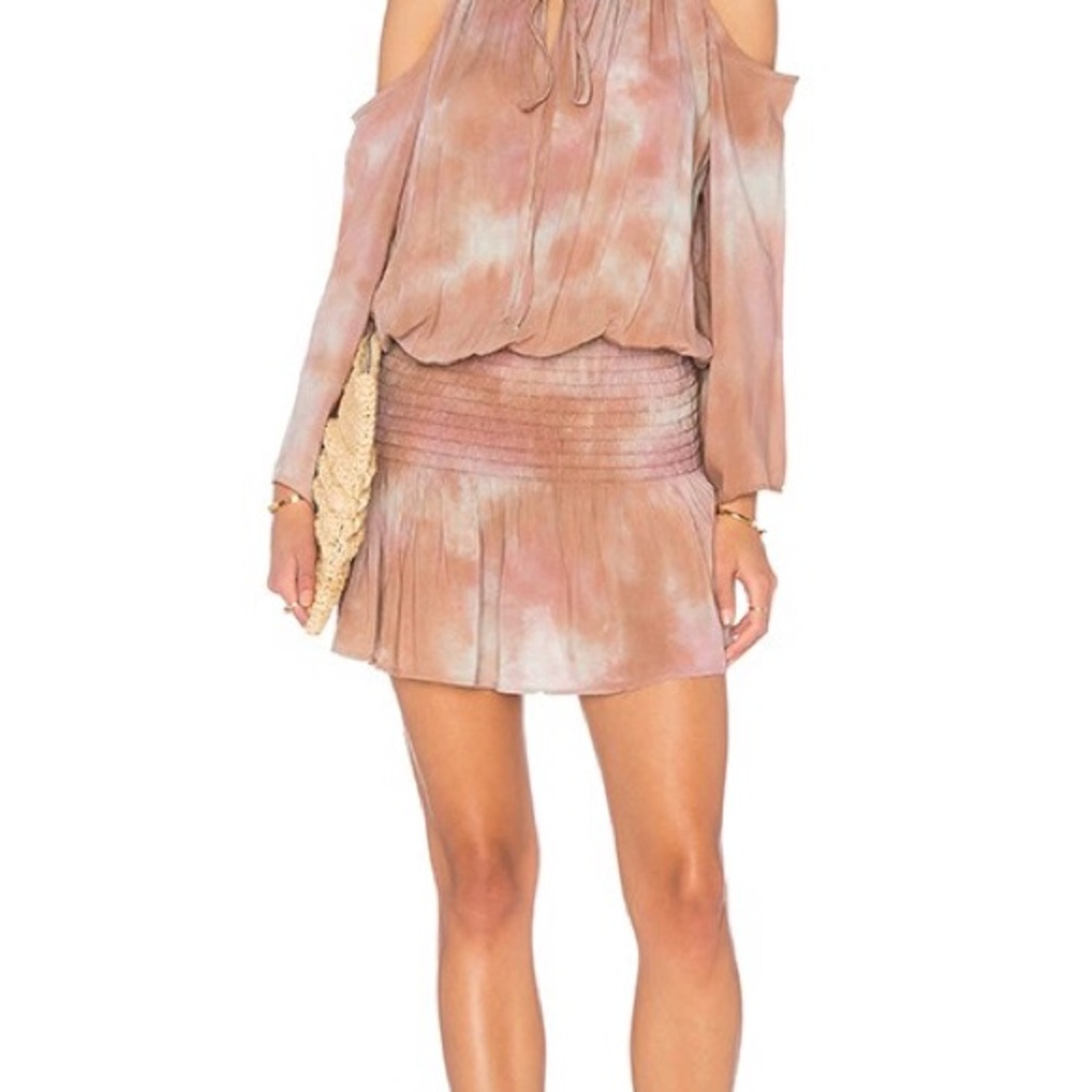 BLUE LIFE Shirred Waist Off Shoulder Dress Tie Dye Tan Boho Hippie  Size Small
